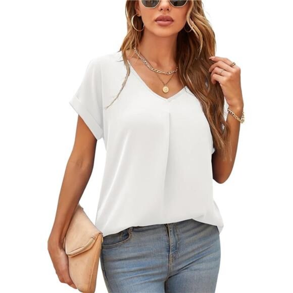 Summer Blouses for Women Elegant Casual V Neck Chiffon Blouses Tops Shirts - Picture 2 of 6